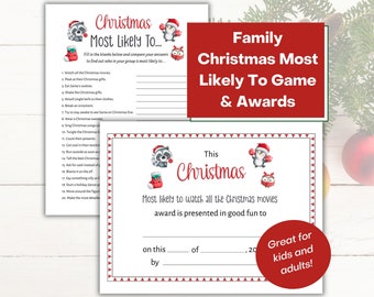 May include: Printable Christmas game with a red, white, and green color scheme. The game is called "Christmas Most Likely To..." and includes a list of 20 Christmas-themed activities. The game is designed for families and includes an award certificate for the winner.