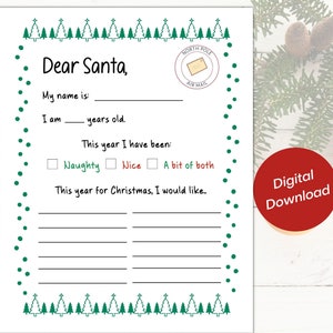 Brief an Santa Printable | Weihnachtsgeschenk Wunschliste Druckbare Vorlage | Geschenkliste des Kindes | Kinder Arbeitsblatt | Lieber Santa | Weihnachtsbrief