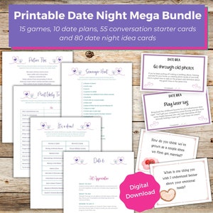 Mega paquete de citas nocturnas imprimible con 15 juegos para parejas, 10 planes de citas, 80 tarjetas de ideas para citas nocturnas y 55 tarjetas de inicio de conversación para parejas