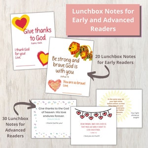 You also get 20 lunchbox notes for early readers that have a simple font and simplified Bible verses and 30 lunchbox notes for more advanced readers. Both have space to quickly and easily be personalized.