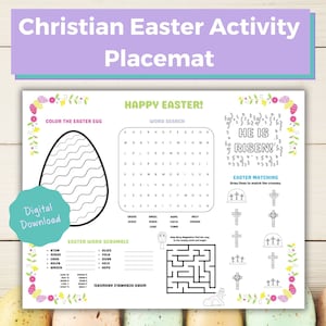 May include: A printable Christian Easter activity placemat with a word search, word scramble, coloring page, and matching game. The placemat features a colorful Easter egg design and the text "Happy Easter!" and "He is Risen!"