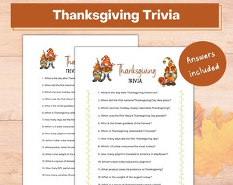 Thanksgiving Games Printable | Thanksgiving Trivia | Thanksgiving Class Party | Thanksgiving Printable | Thanksgiving Gnome