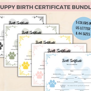 Puppy geboorteakte bundel, geboorteakte hond, hondenfokker, A4, US Letter, adoptie van huisdieren, puppycertificaat