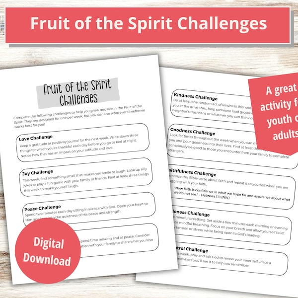 Printable Fruit of the Spirit Challenges for Adults and Youth, Fruit of the Spirit Tasks, Bible Study Activities, Adult Sunday School