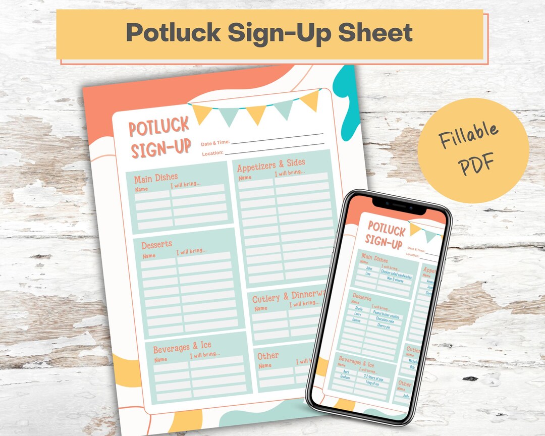 Printable Potluck Sign-up Sheet, 8.5x11 Fillable PDF, Office Potluck ...