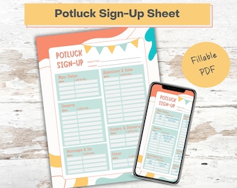 Printable Potluck Sign-Up Sheet, 8.5x11 fillable PDF, Office Potluck, Carry-in Sign-Up Sheet, Work Potluck, Church Potluck