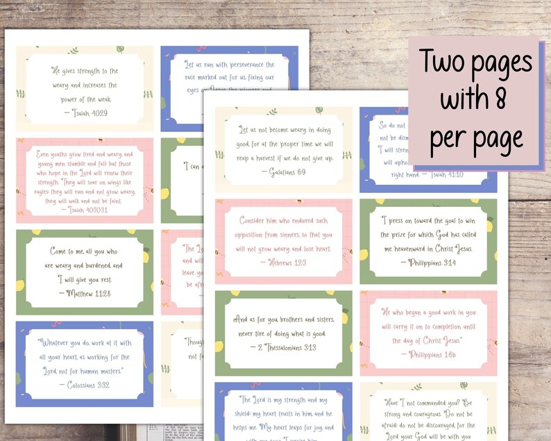 May include: Eight printable cards with inspirational Bible verses on a light wood background. Each card features a different verse in a white box with a colorful border and a floral design. The cards are arranged in two rows of four.
