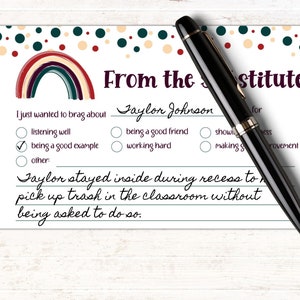 Substitute Mail Printable | Boho Rainbow Sub Note | Good Report from Teacher | Printable Notes | Teacher Brag Note | From the Substitute