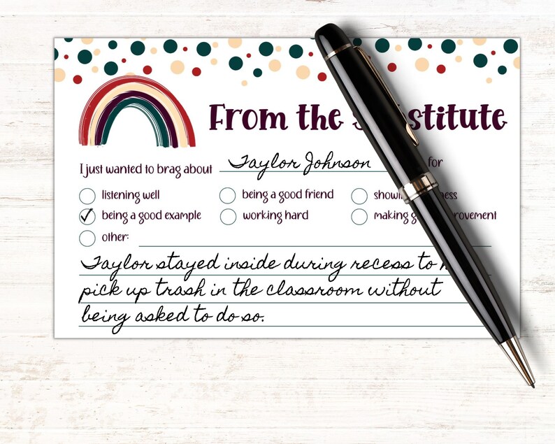 Substitute Mail Printable | Boho Rainbow Sub Note | Good Report from Teacher | Printable Notes | Teacher Brag Note | From the Substitute