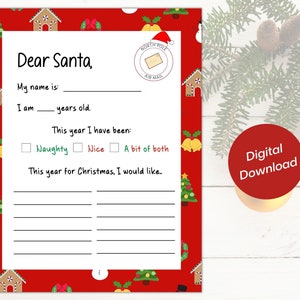 Brief an den Weihnachtsmann Printable | Weihnachtsgeschenk Wunschliste Druckbare Vorlage | Kinder-Geschenkliste | Kinderarbeitsblatt | Lieber Weihnachtsmann | Weihnachtsbuchstabe
