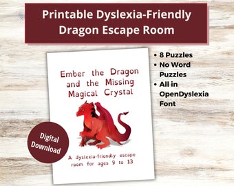 Può includere: Attività di escape room stampabile per bambini dai 9 ai 13 anni con un'illustrazione di un drago rosso. L'attività è adatta alla dislessia e utilizza il font OpenDyslexia. Il titolo è "Ember il Drago e il Cristallo Magico Mancante".