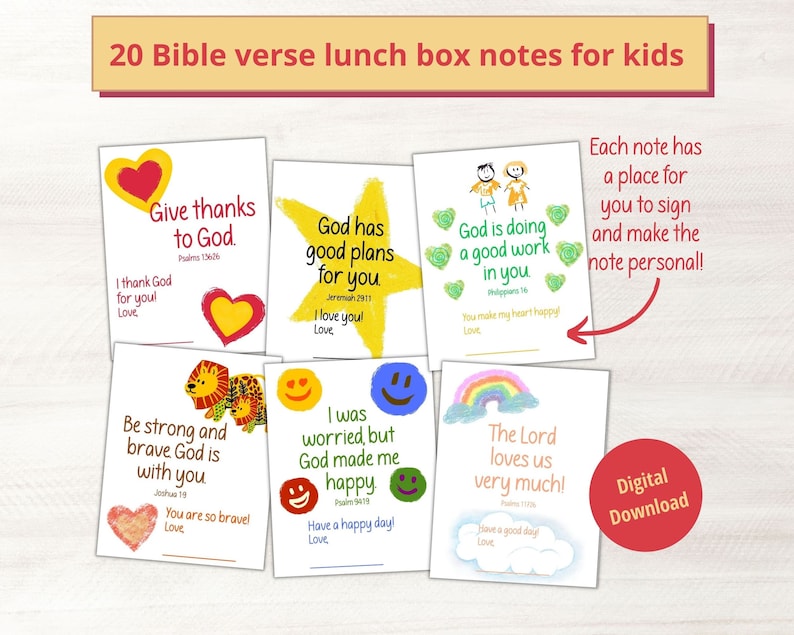 20 Bible verse lunchbox notes for kids. Perfect for early readers with simplified Bible verses. Each note has a place for you to sign and make it personal. Digital Download