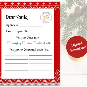 Carta a Papá Noel imprimible / Plantilla imprimible de lista de deseos de regalos de Navidad / Lista de regalos para niños / Hoja de trabajo para niños / Querido Papá Noel / Carta de Navidad