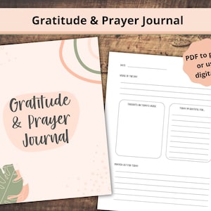 May include: A printable gratitude and prayer journal with a pink and green cover featuring a leaf design and the text "Gratitude & Prayer Journal". The journal includes sections for daily verses, thoughts, gratitude, and prayer requests.