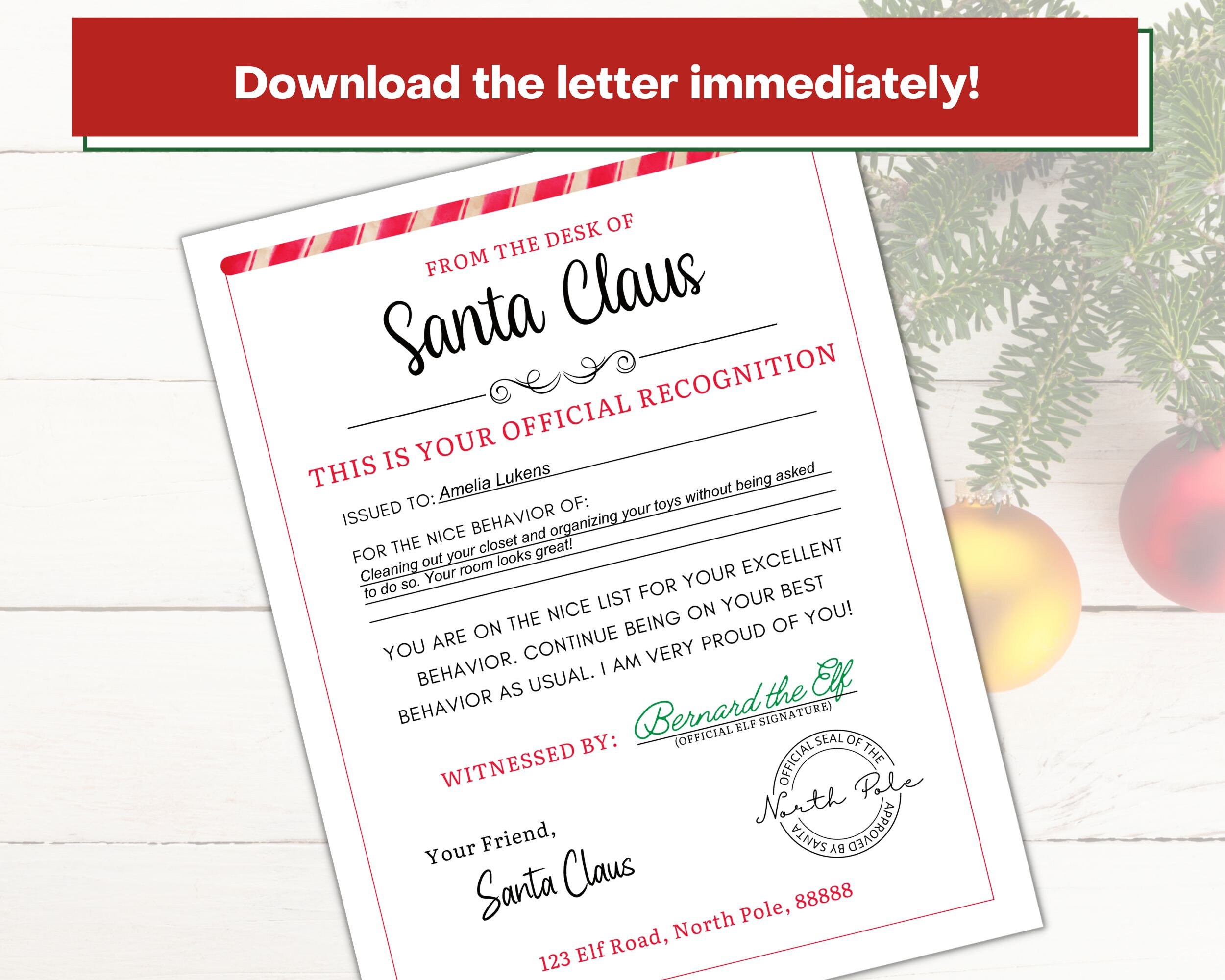 Letter From Santa for Nice List and Good Behavior Printable Nice List ...