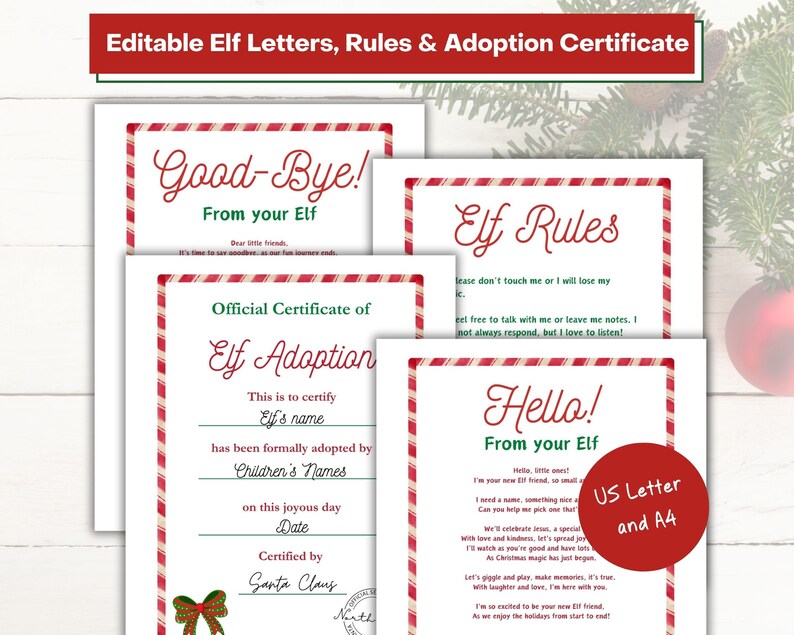 Editable Elf letters, rules and adoption certificate in US Letter and A4