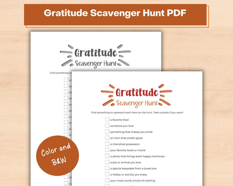 Gratitude scavenger hunt PDF in color and black and white