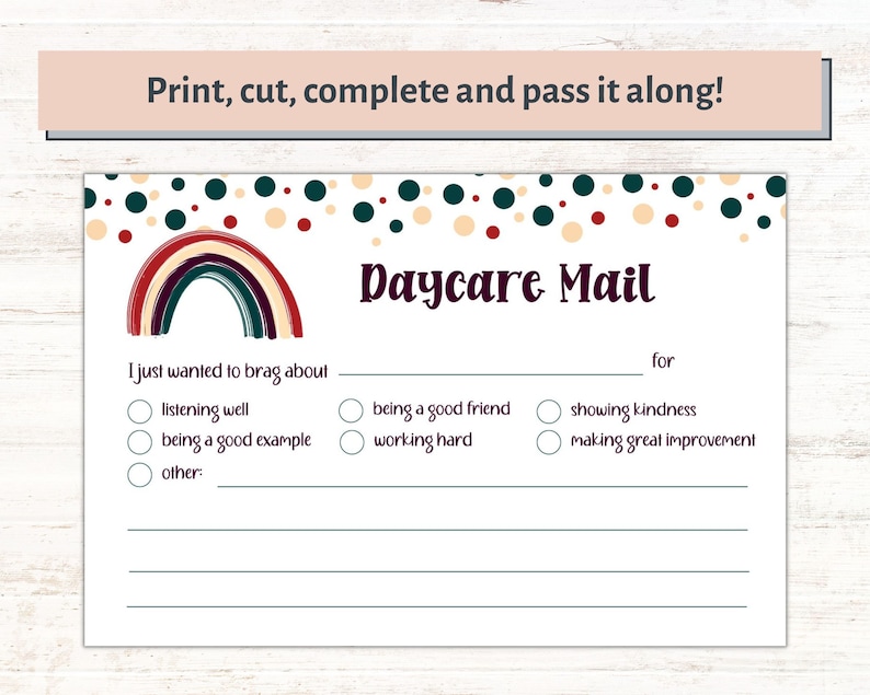 Daycare Note Printable Daycare Mail Boho Daycare Brag Card Daycare Parent Note Printable Notes