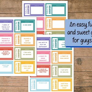 Peut inclure: Un ensemble de coupons imprimables pour la f&ecirc;te des p&egrave;res avec des arri&egrave;re-plans color&eacute;s et diverses activit&eacute;s, telles qu'un lavage de voiture, une matin&eacute;e tranquille pour dormir et un cadeau de votre choix. Un cadeau facile, amusant et doux pour les hommes !
