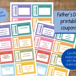 Peut inclure: Coupons imprimables pour la f&ecirc;te des p&egrave;res avec des bordures color&eacute;es et diverses activit&eacute;s, telles que sortir les poubelles, un lavage de voiture, jouer &agrave; un jeu ensemble et une matin&eacute;e tranquille pour dormir. Il y a deux pages pr&eacute;-remplies et une page vierge.