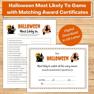 Halloween Most Likely To Game Printable with Award Certificates, Funny Halloween Game, Adult Halloween Part, Office Party, Youth Group Party