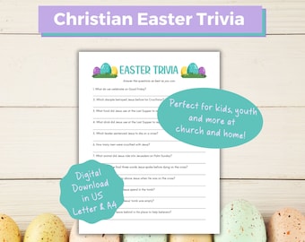 May include: A printable Christian Easter trivia game with questions about the events leading up to Easter Sunday. The game is perfect for kids, youth, and families to play at church or home. The printable features a colorful design with Easter eggs and the text "Christian Easter Trivia" and "Easter Trivia".