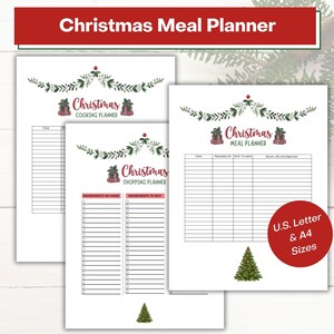 Pode incluir: Planeador de refeições de Natal imprimível com três páginas: um planeador de cozinha, uma lista de compras e um planeador de refeições. Cada página apresenta uma coroa festiva com caixas de presente vermelhas e folhagem verde. O texto "Natal" está em vermelho e os títulos do planeador estão em preto. A parte inferior da página diz "Tamanhos Carta dos EUA e A4".
