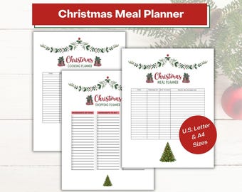 May include: Printable Christmas meal planner with three pages: a cooking planner, a shopping list, and a meal planner. Each page features a festive wreath with red gift boxes and green foliage. The text "Christmas" is in red and the planner titles are in black. The bottom of the page says "U.S. Letter & A4 Sizes".