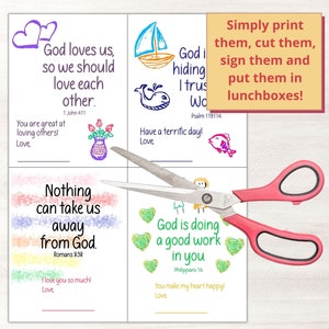 Print out the Christian lunchbox notes, cut them apart, sign them and stick them in your child's lunchbox.