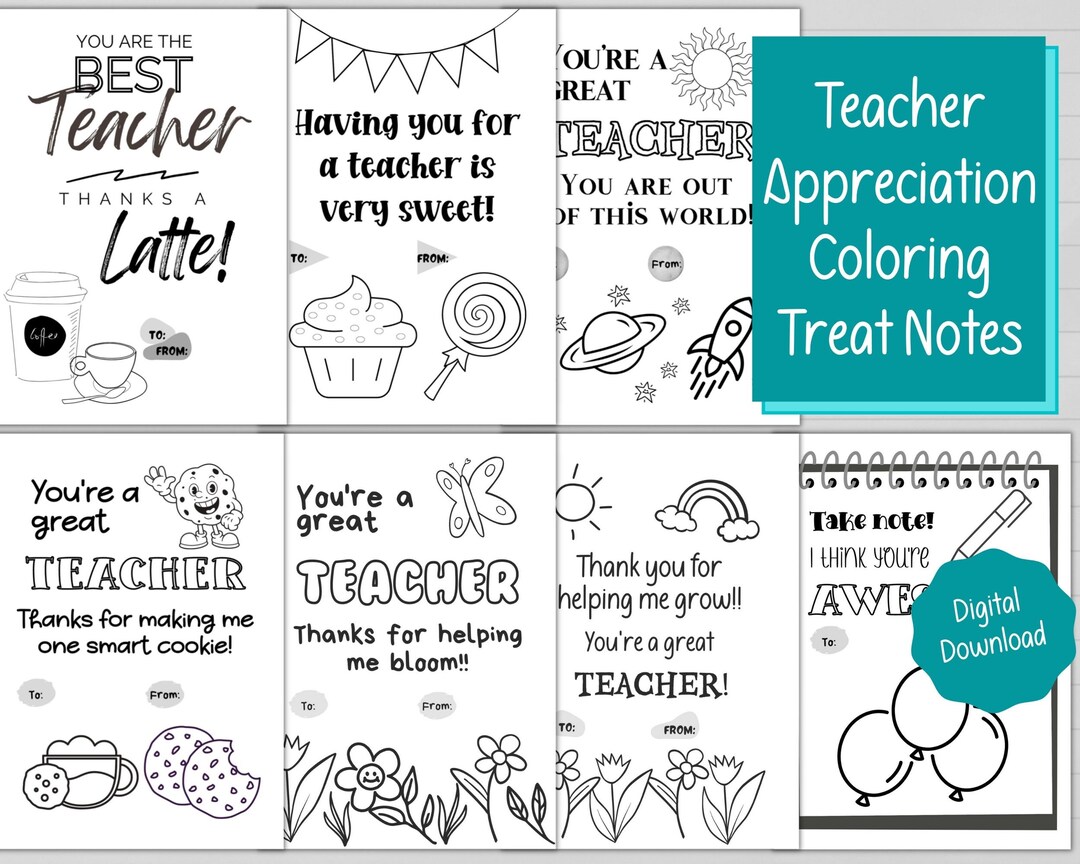 7 Printable Teacher Gift Coloring Card Treat Notes | Teacher Gift ...