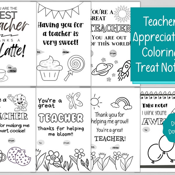 7 Printable Teacher Gift Coloring Card Treat Notes | Teacher Gift | Holiday teacher gift | Teacher Appreciation Gift | Last-minute gift