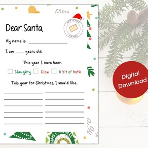 Brief an Santa Printable | Weihnachtsgeschenk Wunschliste Druckbare Vorlage | Geschenkliste des Kindes | Kinder Arbeitsblatt | Lieber Santa | Weihnachtsbrief