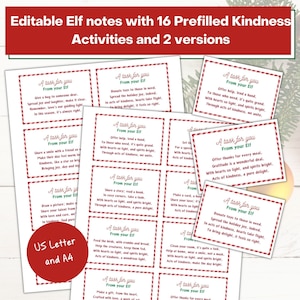 Editable Elf notes with 16 prefilled kindness activities and 2 versions; Comes in US Letter and A4