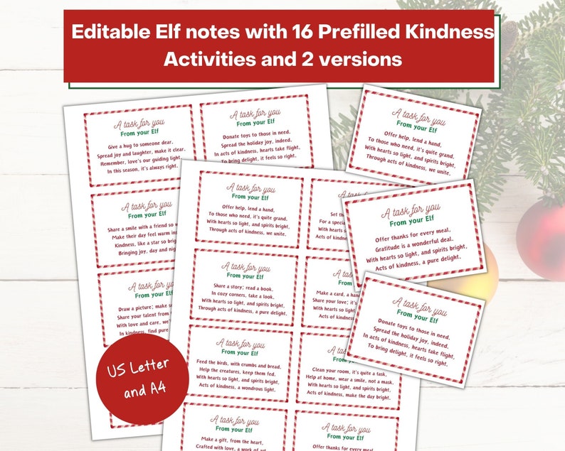 Editable Elf notes with 16 prefilled kindness activities and 2 versions; Comes in US Letter and A4