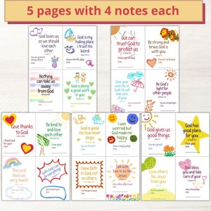 20 Bible verse lunchbox notes for kids perfect for early readers with simplified Bible verses come on five pages with four notes per page.
