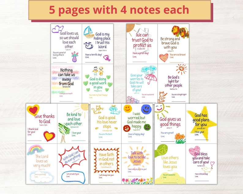 20 Bible verse lunchbox notes for kids perfect for early readers with simplified Bible verses come on five pages with four notes per page.