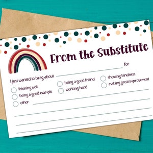 Substitute Mail Printable | Boho Rainbow Sub Note | Good Report from Teacher | Printable Notes | Teacher Brag Note | From the Substitute