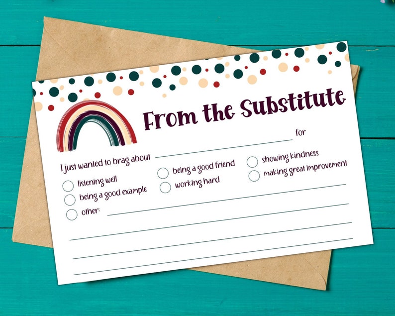 Substitute Mail Printable | Boho Rainbow Sub Note | Good Report from Teacher | Printable Notes | Teacher Brag Note | From the Substitute