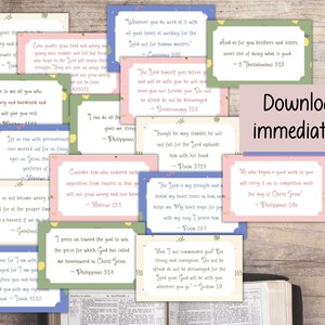 May include: A collection of 10 printable cards with inspirational Bible verses and floral designs. Each card features a different verse in a light blue, pink, or green background with yellow lemons and green leaves.