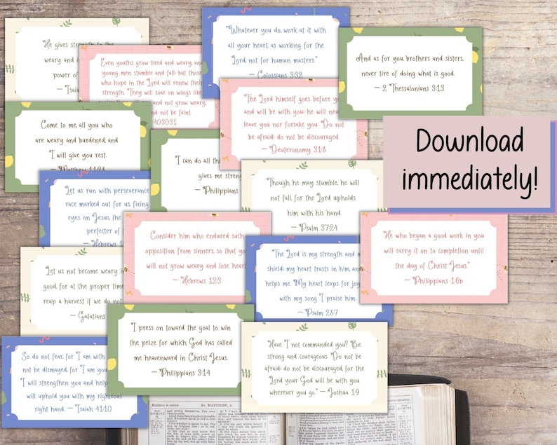 May include: A collection of 10 printable cards with inspirational Bible verses and floral designs. Each card features a different verse in a light blue, pink, or green background with yellow lemons and green leaves.