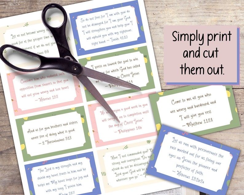 May include: A set of printable cards with inspirational bible verses. The cards are decorated with lemons and bees. The text on the cards is in a light blue, green, and pink font. The cards are ready to be printed and cut out.