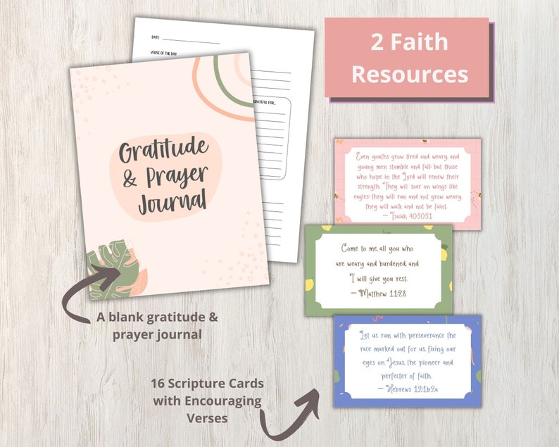 Enjoy the gratitude and prayer journal to improve your own faith walk as well as 16 Scripture cards with encouraging verses.