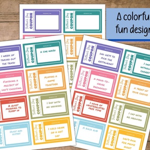 Peut inclure: Un ensemble de coupons imprimables pour la f&ecirc;te des p&egrave;res avec des arri&egrave;re-plans color&eacute;s et des activit&eacute;s amusantes comme un lavage de voiture, un petit-d&eacute;jeuner sur commande et une journ&eacute;e sans corv&eacute;es.