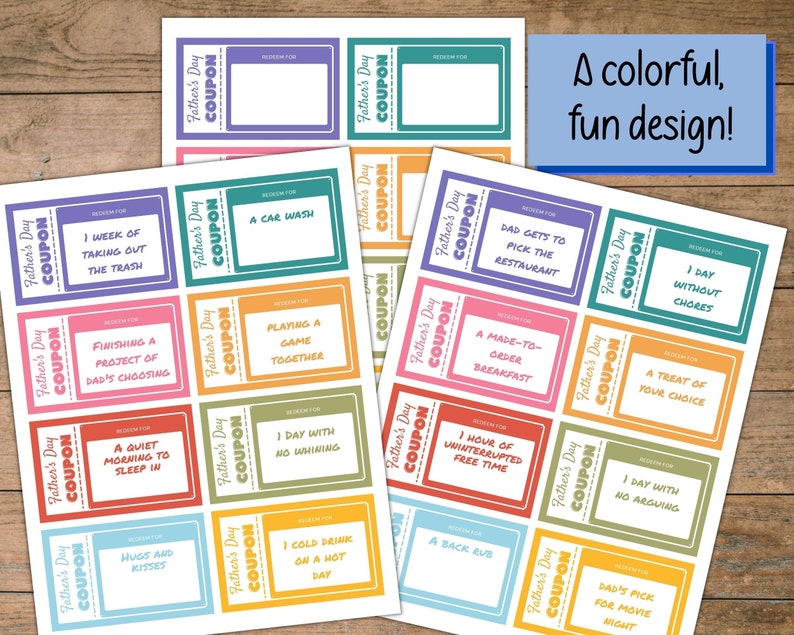 Peut inclure: Un ensemble de coupons imprimables pour la f&ecirc;te des p&egrave;res avec des arri&egrave;re-plans color&eacute;s et des activit&eacute;s amusantes comme un lavage de voiture, un petit-d&eacute;jeuner sur commande et une journ&eacute;e sans corv&eacute;es.