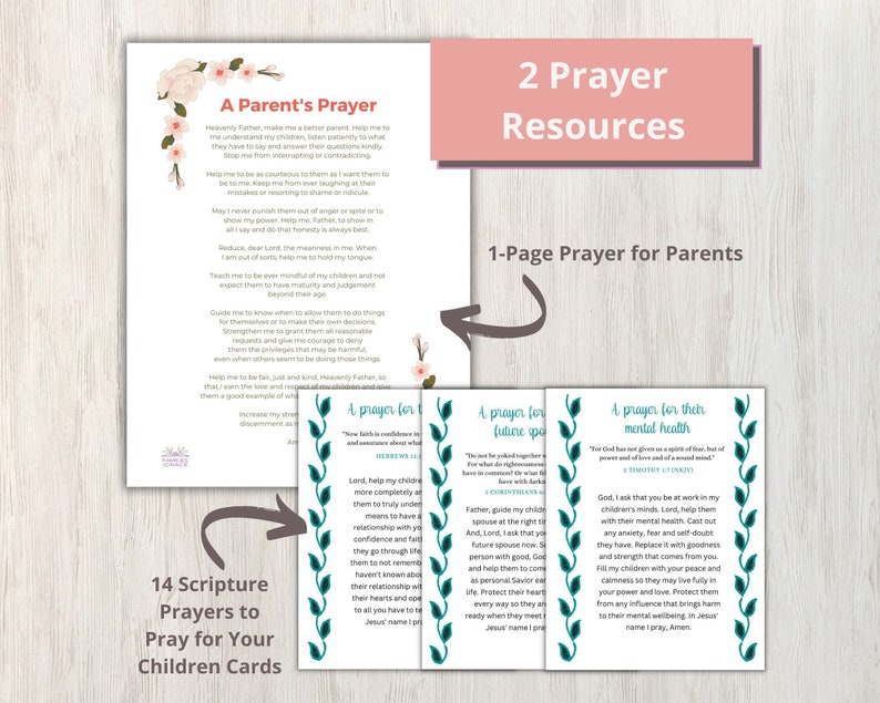 Two prayer resources are included as well. There is a one-page parent's prayer and then 14 Scripture Prayers to Pray for Your Children Cards.