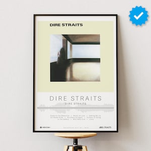 May include: A black framed poster with a yellow background featuring the album art for "Dire Straits" by Dire Straits. The album art is a photograph of a room with a window and a person standing in the doorway. The poster also includes the album title, artist name, and a soundwave graphic.