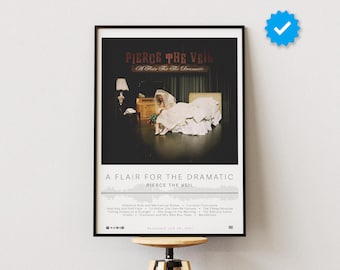 May include: A framed poster featuring the album art for "A Flair for the Dramatic" by Pierce the Veil. The artwork depicts a stage scene with a bride in a wedding dress. The poster includes the album title, band name, and tracklist.