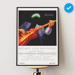 May include: A black and white poster with a red electric guitar and a green and purple neon effect. The poster has the title "Money for Nothing" and the band name "Dire Straits" in white text. The poster also lists the songs on the album.