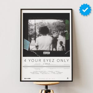 May include: A black and white album cover with a photo of a man with dreadlocks standing in front of a building. The album title is "4 Your Eyez Only" by J. Cole. The album cover also includes a waveform graphic of the album's tracklist.