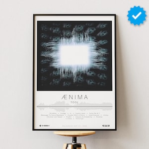 May include: A black and white poster with a black frame featuring the album cover for Tool's "Aenima". The album cover features a white square with a blurry, pixelated image of a face. The poster also includes the album title, artist name, and tracklist.